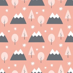 Seamless pattern with mountains, trees and stars