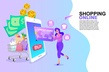 Grocery Shopping Online on Mobile Application. Smartphone marketing and e-commerce. Vector illustration.
