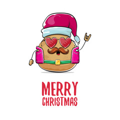 vector rock star santa potato funny cartoon cute character with with red santa hat and calligraphic merry christmas text isolated on white background. rock n roll christmas party poster