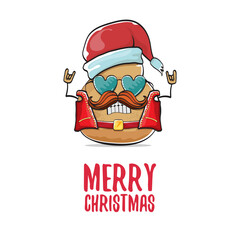 vector rock star santa potato funny cartoon cute character with with red santa hat and calligraphic merry christmas text isolated on white background. rock n roll christmas party poster