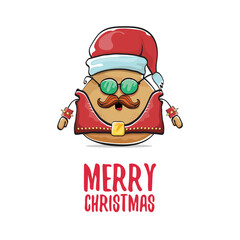 vector rock star santa potato funny cartoon cute character with with red santa hat and calligraphic merry christmas text isolated on white background. rock n roll christmas party poster