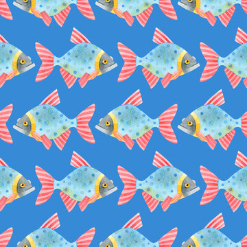 Watercolor seamless pattern of colorful fish. Cute funny carp fish (karps, crucians). Hand drawn texture of an ornament on a blue background. Ideal for textiles, packaging, wallpaper, websites, cards.