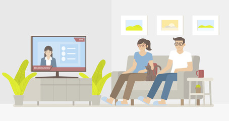 Woman, man and cat sitting on sofa and watching breaking news on smart tv in cozy living room with news reporter on screen in flat cartoon style