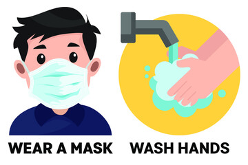 Child with surgical mask. Wash hands using sanitizer soap for prevent corona-virus vector illustration.