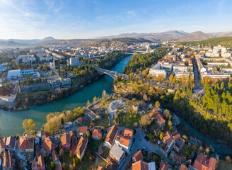 Confluence of Ribnica and turquoise Moraca river, flowing through downtown Podgorica in Montenegro...