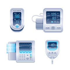 Medical device icon set. Tonometer, glucometer blood glucose meter, pulse oximeter, ECG electrocardiograph. 3d realistic vector illustration collection isolated white background. Health care equipment