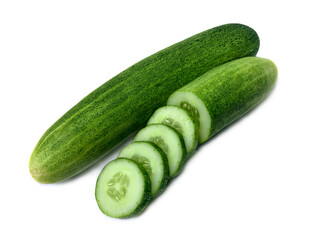 Two cucumbers and slices on  isolated white background.