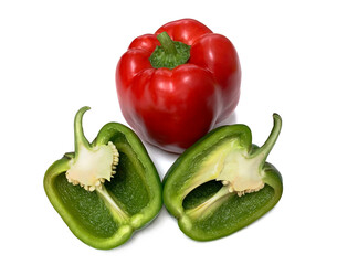 Fresh vegetables two bell peppers. Two sweet Red, Green Peppers isolated on white background. Half sweet papper. 