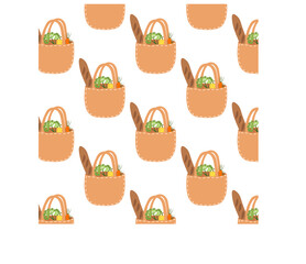 Vector pattern colorful sketch eco bags with food products zero food ecology planet recycle doodle illustration waste wallpaper organic