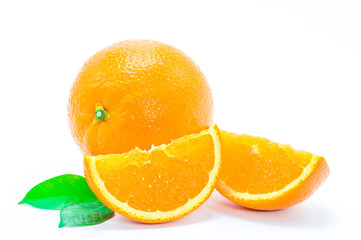 One orange fruit and half cut orange on white background
