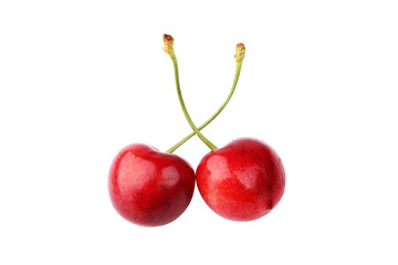 Two sweet cherries isolated on a white background. Close-up. Top view.