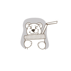 simple black and white flat art illustration of cartoon funny bear with a paper cup from which a cocktail tube sticks out