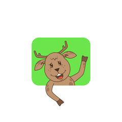 simple color flat art illustration of a funny cartoon deer with a hoof greeted up