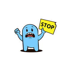flat art color illustration of an outraged blue cartoon character with a protest poster with the word stop in his hand