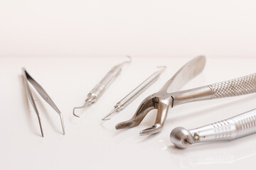 Set of metal dental instruments for teeth dental care