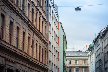 Facade of Old residential buildings from the 1930's in the city center of Prague, Czech Republic,...