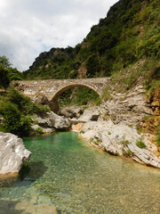 Fototapeta na wymiar Stone bridge in mountains in the Nervia Valley