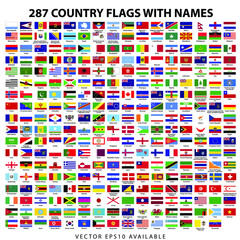 World flag collection with vector file. 287 all nations flag jpeg icon logo collection with names.