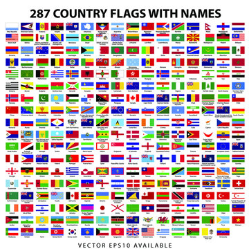 World flag collection with vector file. 287 all nations flag jpeg icon logo collection with names.