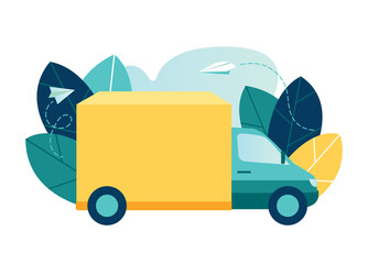 Naklejka premium Vector illustration, flat style, delivery service, yellow truck, trucking, transport advertising