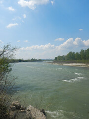 View of the Tanaro river in the Langhe, Piedmont Italy