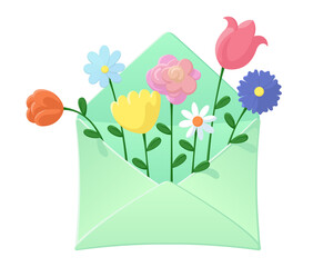 Envelope with wild flowers inside. Lovely cute flower bouquet. Spring and summer holidays concept. Design for invitation or greeting card