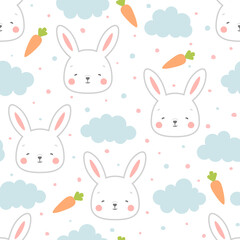 Rabbit and chick Seamless Pattern Background, Scandinavian Happy bunny with cloud, easter. cartoon rabbit vector illustration for kids nordic background