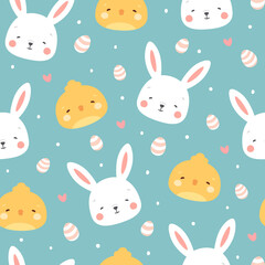 Rabbit and chick Seamless Pattern Background, Scandinavian Happy bunny with cloud, easter. cartoon rabbit vector illustration for kids nordic background