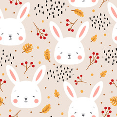 Rabbit and chick Seamless Pattern Background, Scandinavian Happy bunny with cloud, easter. cartoon rabbit vector illustration for kids nordic background