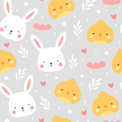 Rabbit and chick Seamless Pattern Background, Scandinavian Happy bunny with cloud, easter. cartoon rabbit vector illustration for kids nordic background