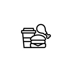 Hamburger and drink vector icon in linear, outline icon isolated on white background