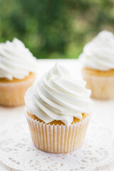 Vanilla cupcakes decorated with white frosting on wooden table, blurred green background on a bright sunny day.