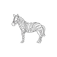 One single line drawing of zebra for national park zoo safari logo identity. Typical horse from Africa with stripes concept for kids playground mascot. Continuous line draw vector design illustration