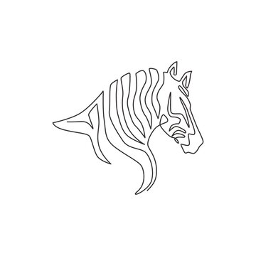 One single line drawing of zebra head for national park zoo safari logo identity. Typical horse from Africa with stripes concept for kids playground mascot. Continuous line draw design illustration