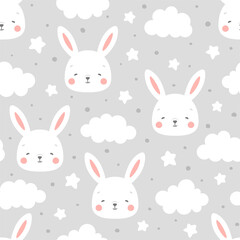 Rabbit and chick Seamless Pattern Background, Scandinavian Happy bunny with cloud, easter. cartoon rabbit vector illustration for kids nordic background