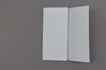 Blank catalog, two paper pages square leaflet mockup on grey background. Top view and copy space.