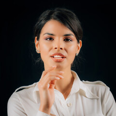 Emotion Curiosity. Portrait of a beautiful curious young woman holding finger up, expressing...