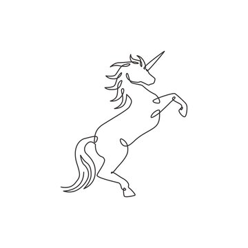 One single line drawing of cute jumping unicorn with horn for creative studio logo identity. Beautiful fairy animal creature mythology concept. Modern continuous line draw design vector illustration
