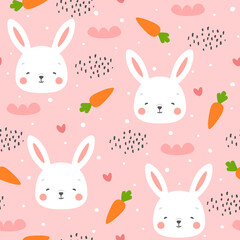 Rabbit and chick Seamless Pattern Background, Scandinavian Happy bunny with cloud, easter. cartoon rabbit vector illustration for kids nordic background