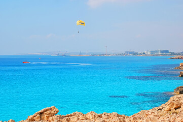 Seascape on the coast of Cyprus. Tourism, travel. Horizontal photo.