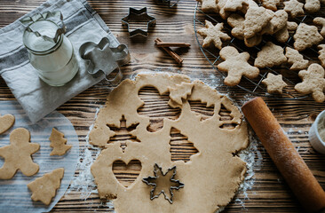 Top view on gingerbread cookies for Christmas.
