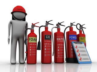 3d illustration Fire Extinguisher with fire man
