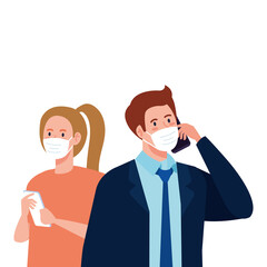 Woman and man with medical masks holding smartphone vector design