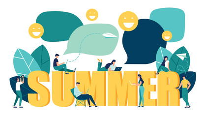 Vector colorful illustration of communication through the Internet, social networks, chat, video, news, messages, website, search for friends, mobile web graphics, big word summer