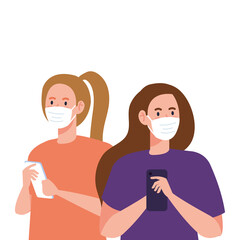 Women with masks holding smartphone vector design