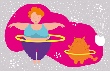 Obraz na płótnie Canvas Body positive concept. A happy plus size girl and a fat red cat play sports, twist a hoop. Leads an active healthy lifestyle. Flat vector illustration. Design for banner, poster, sticker, web.
