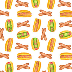 Watercolor illustration of hot dog wiener in pastry bun with ketchup or mustard pattern set isolated on white background Design for a hot dog wrapper, for an apron of the seller of a hot dog