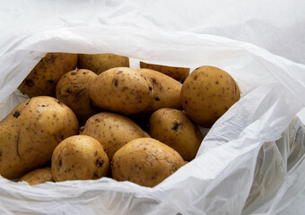 A pile of unwashed potatoes lies in a white bag