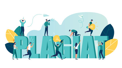 Vector illustration, stealing and plagiarism ideas, thoughts, a man running away with a light bulb in his hands and trying to catch him