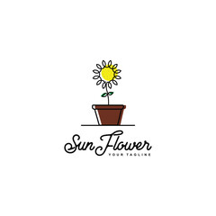 Sunflower in flowerpot icon. Yellow flower in a pot. Floral design elements. Summer garden or field plant with yellow petals and seeds. Vector illustration